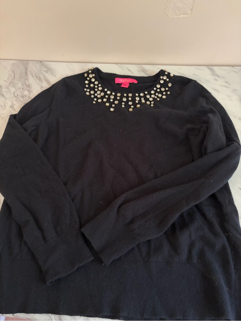 Lilly Pulitzer Black Merino Cashmere Rhinestone Gem Neckline Sweater Size Large
